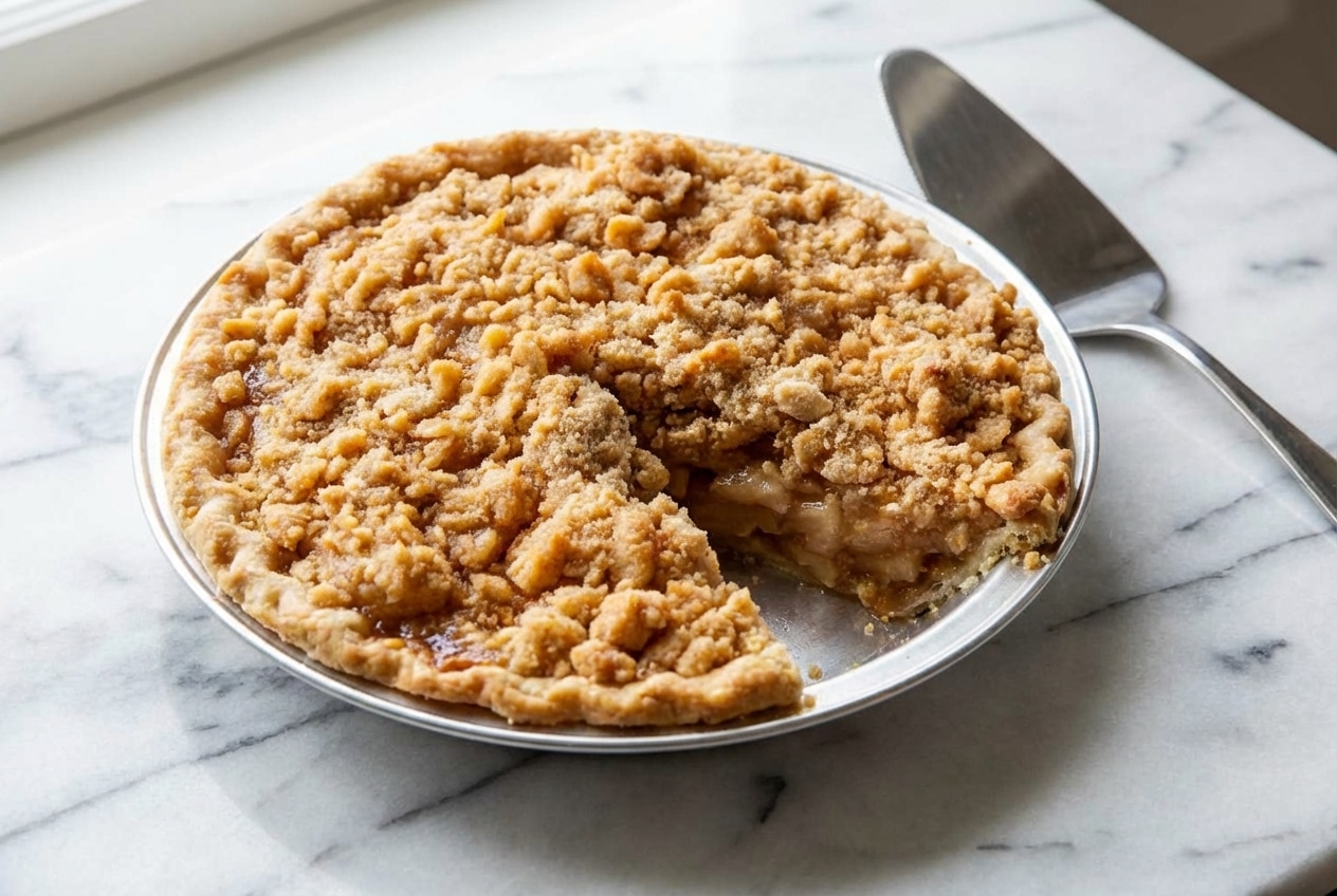 Golden brown crumble topping featuring large, crunchy clusters made with brown butter on top of a baked fruit crisp