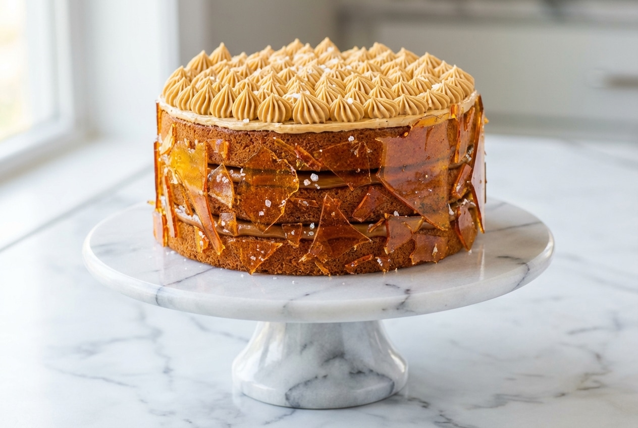 Tall layered dulce de leche cake with brown butter cake layers, frosting, and flaky sea salt sprinkled between each tier.