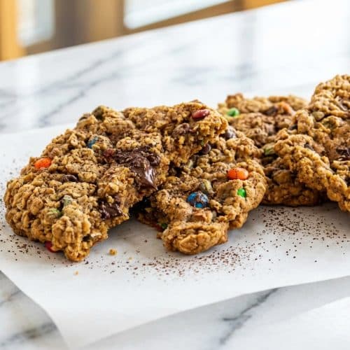 Thick monster cookies featuring brown butter, espresso, colorful M&Ms, and melty chocolate chips.