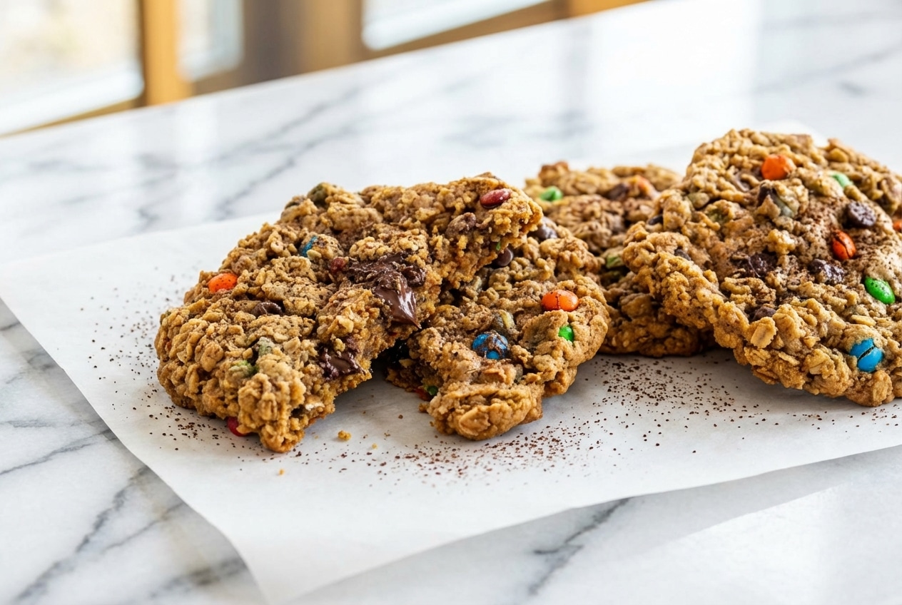 Thick monster cookies featuring brown butter, espresso, colorful M&Ms, and melty chocolate chips.