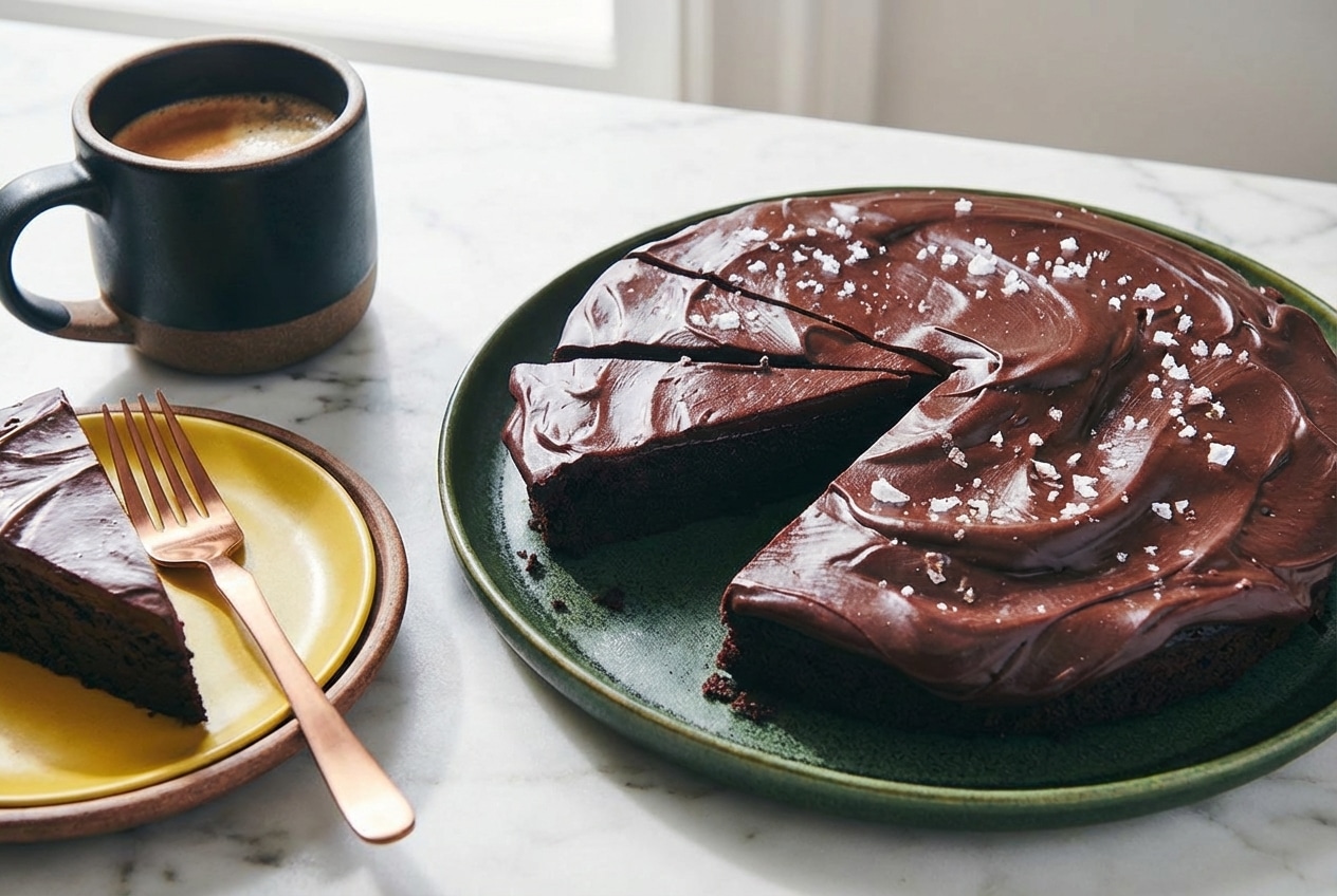 A fudgy brown butter flourless chocolate cake topped with glossy chocolate ganache and sparkling flaky sea salt.