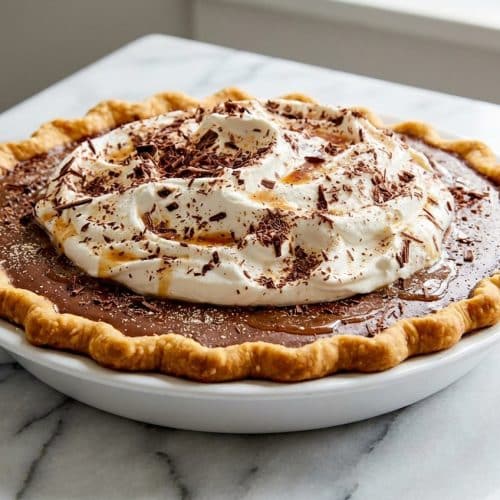 Sliced chocolate cream pie with a brown butter pastry shell and malted milk infused chocolate custard.