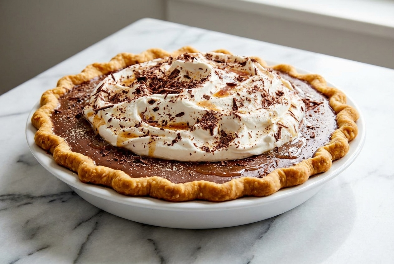 Sliced chocolate cream pie with a brown butter pastry shell and malted milk infused chocolate custard.