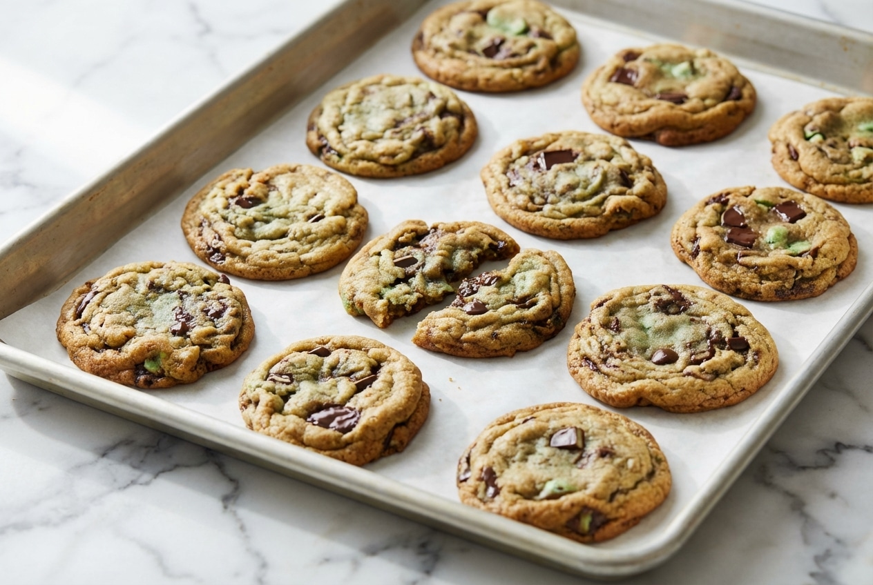 Mint chocolate chip cookies with nutty brown butter and puddles of dark chocolate chunks on a wire cooling rack.