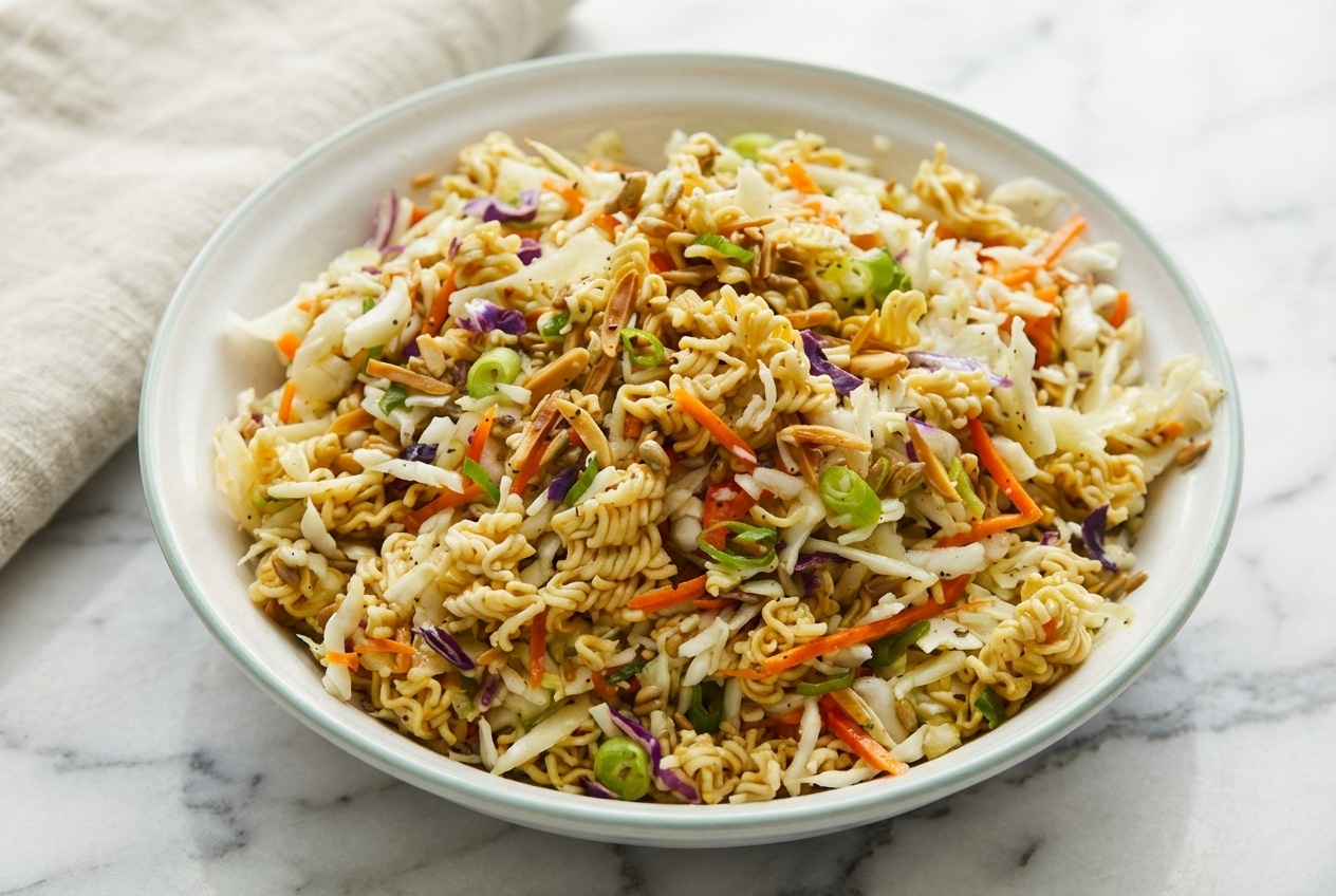Ramen noodle salad with golden brown butter and miso toasted noodles, edamame, and crisp napa cabbage.