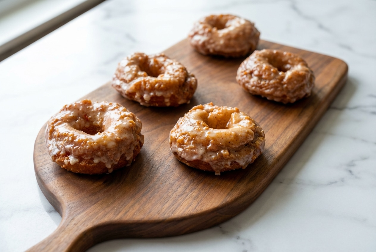 Glazed old fashioned sour cream donuts with brown butter, showing craggy edges and a golden-brown finish.