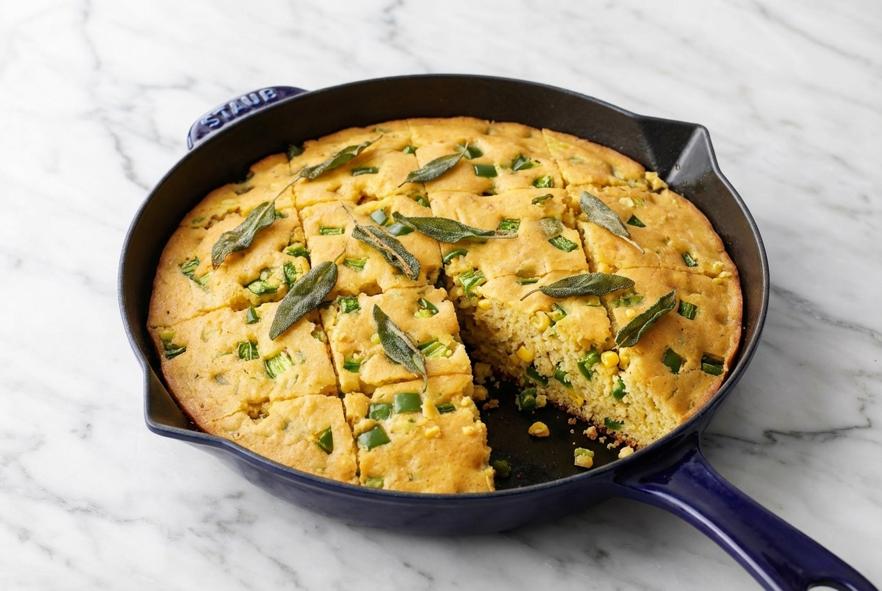Slices of jalapeño cornbread in a cast-iron skillet infused with savory brown butter and fresh sage.