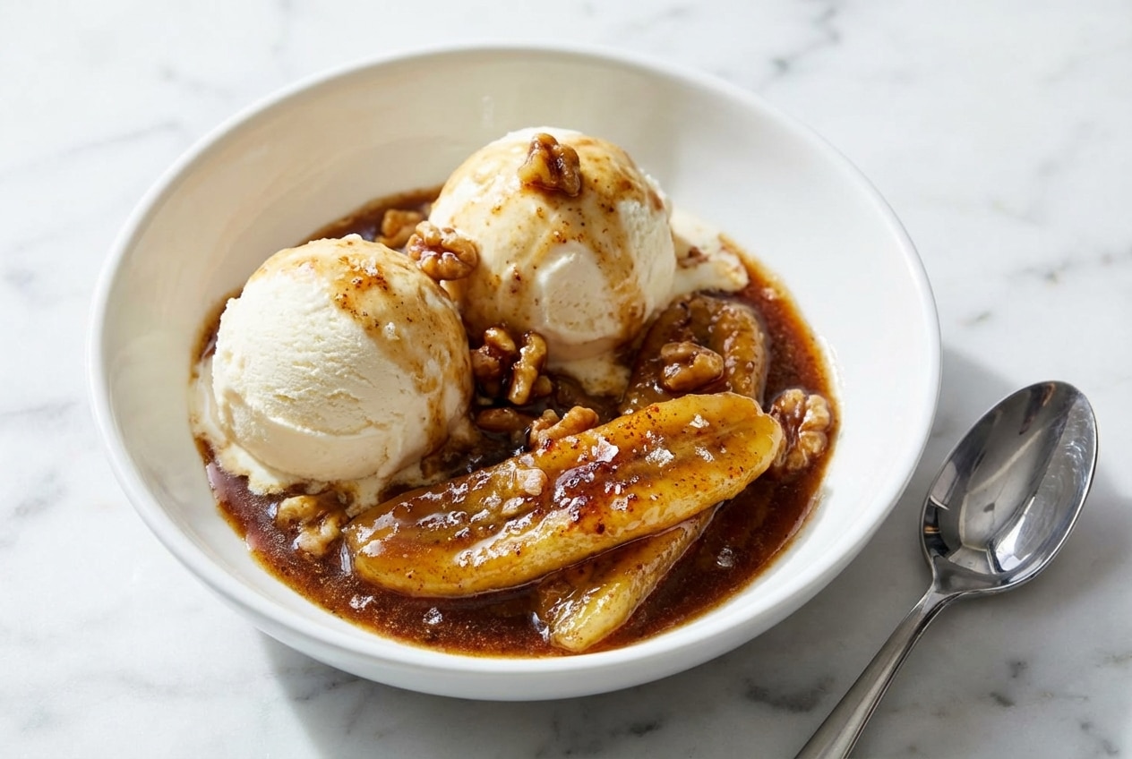 Sizzling bananas foster with a brown butter sea salt glaze served over melting vanilla ice cream.