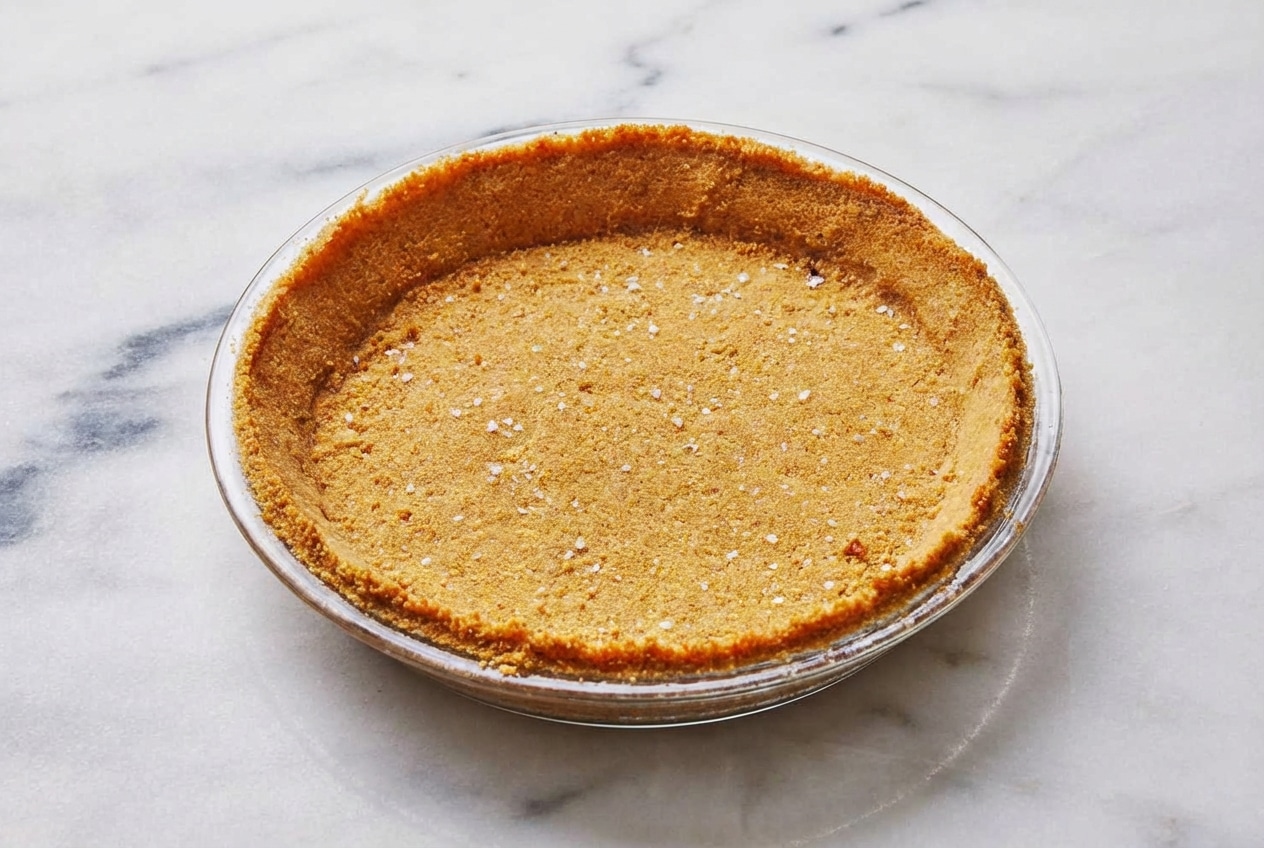 Golden brown butter graham cracker crust with a sprinkle of sea salt in a glass pie plate.