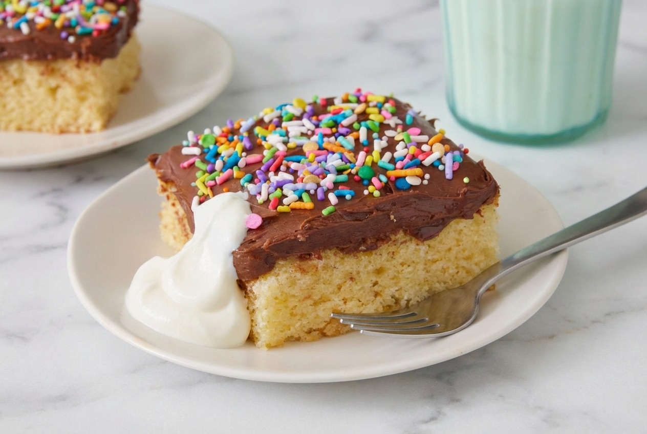 Moist yellow cake slice made with nutty brown butter and tangy sour cream on a dessert plate.