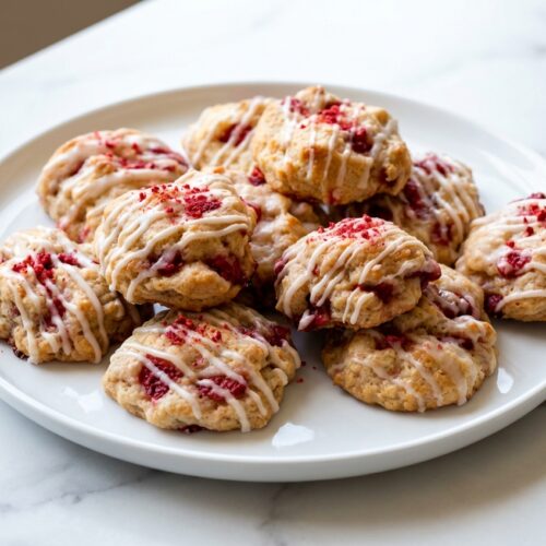 Soft strawberry shortcake cookies infused with nutty brown butter and a vibrant freeze-dried strawberry dust coating.