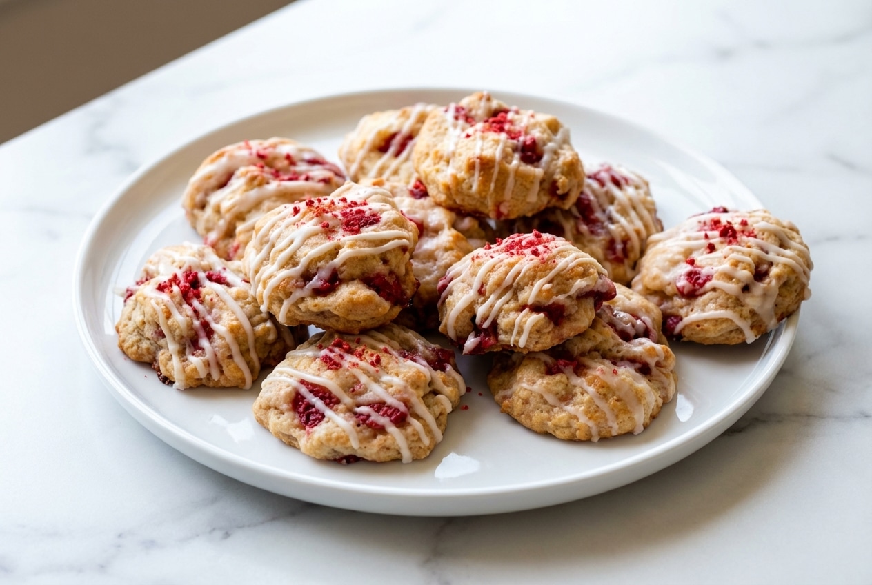 Soft strawberry shortcake cookies infused with nutty brown butter and a vibrant freeze-dried strawberry dust coating.