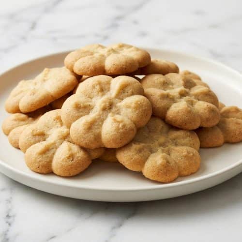 Golden brown butter shortbread cookies with visible vanilla bean specks and a delicate crumbly edges.