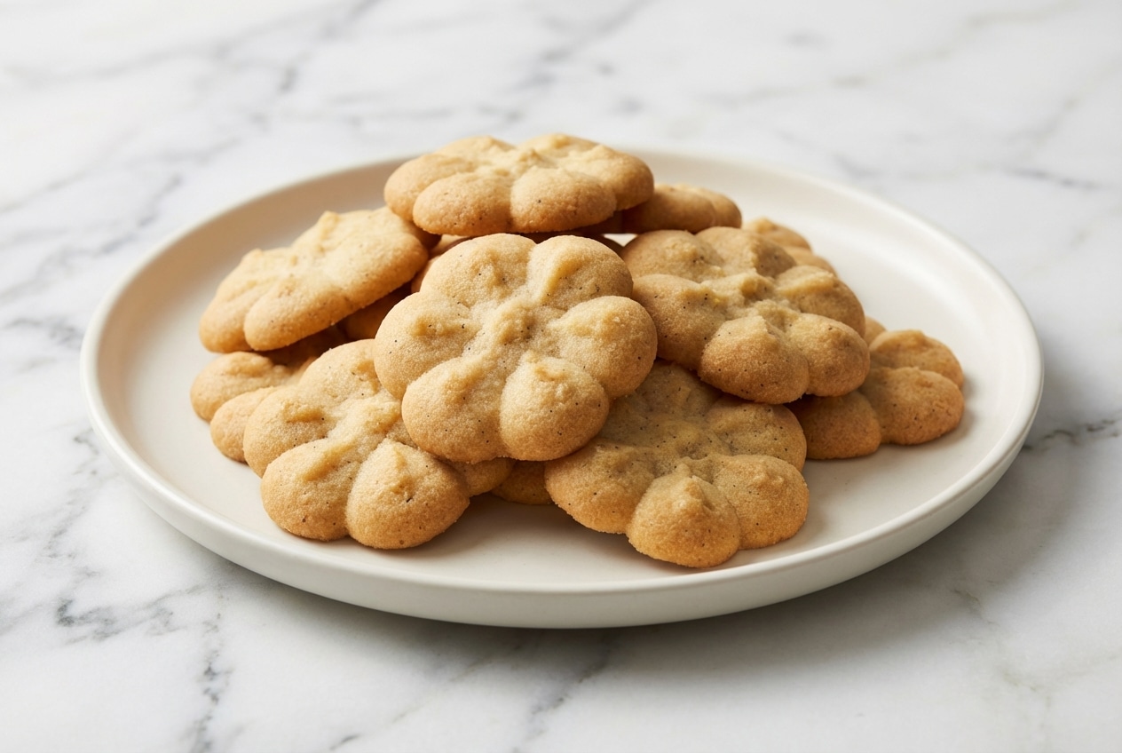 Golden brown butter shortbread cookies with visible vanilla bean specks and a delicate crumbly edges.