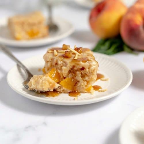 Golden brown sugar peach cake infused with nutty brown butter and warm toasted ginger.
