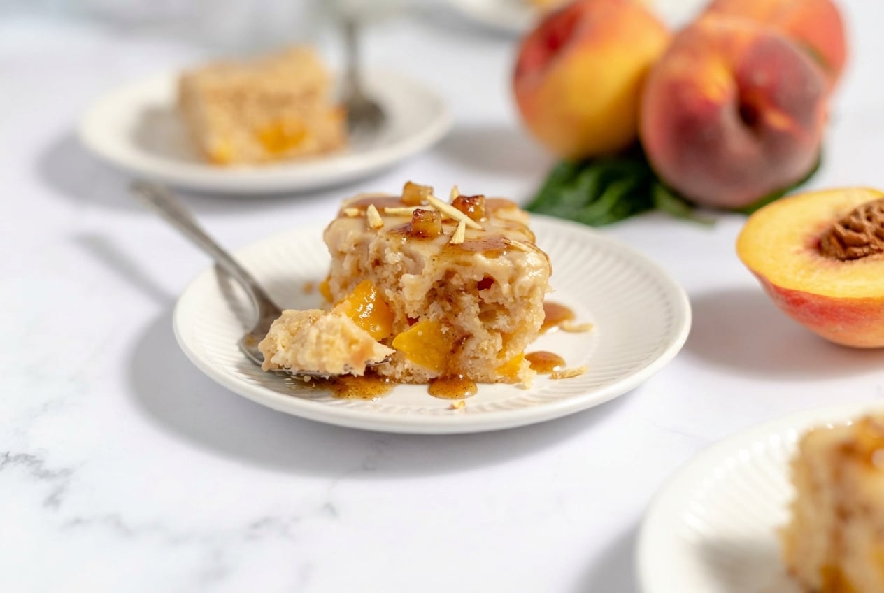 Golden brown sugar peach cake infused with nutty brown butter and warm toasted ginger.