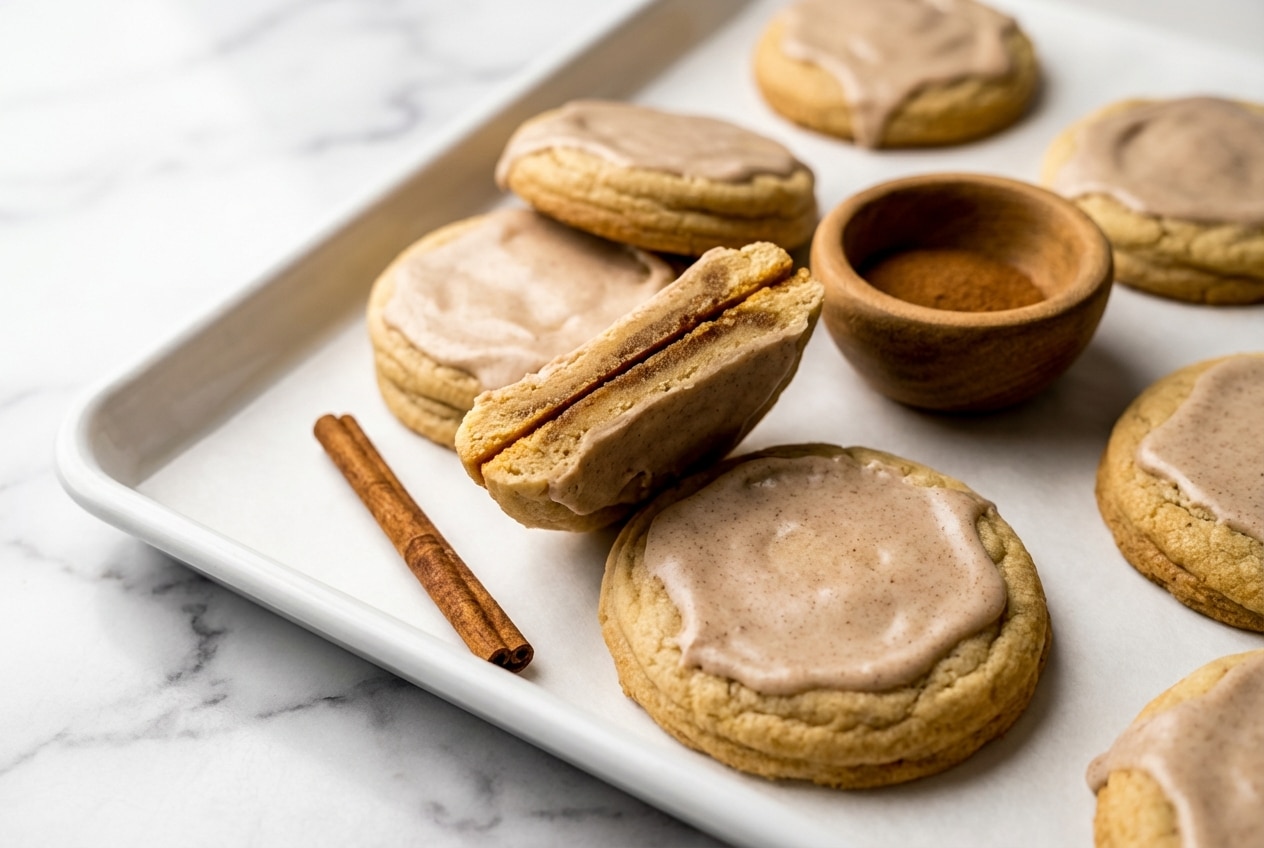 Stack of brown sugar pop tart cookies with browned butter dough and filling, topped with a sweet cinnamon glaze.