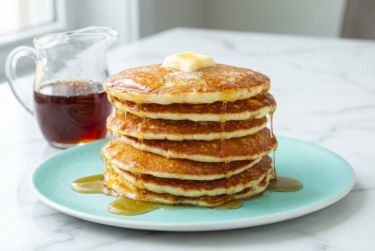 Stack of fluffy buttermilk pancakes with golden browned butter edges and a syrup drizzle in a cast iron skillet.