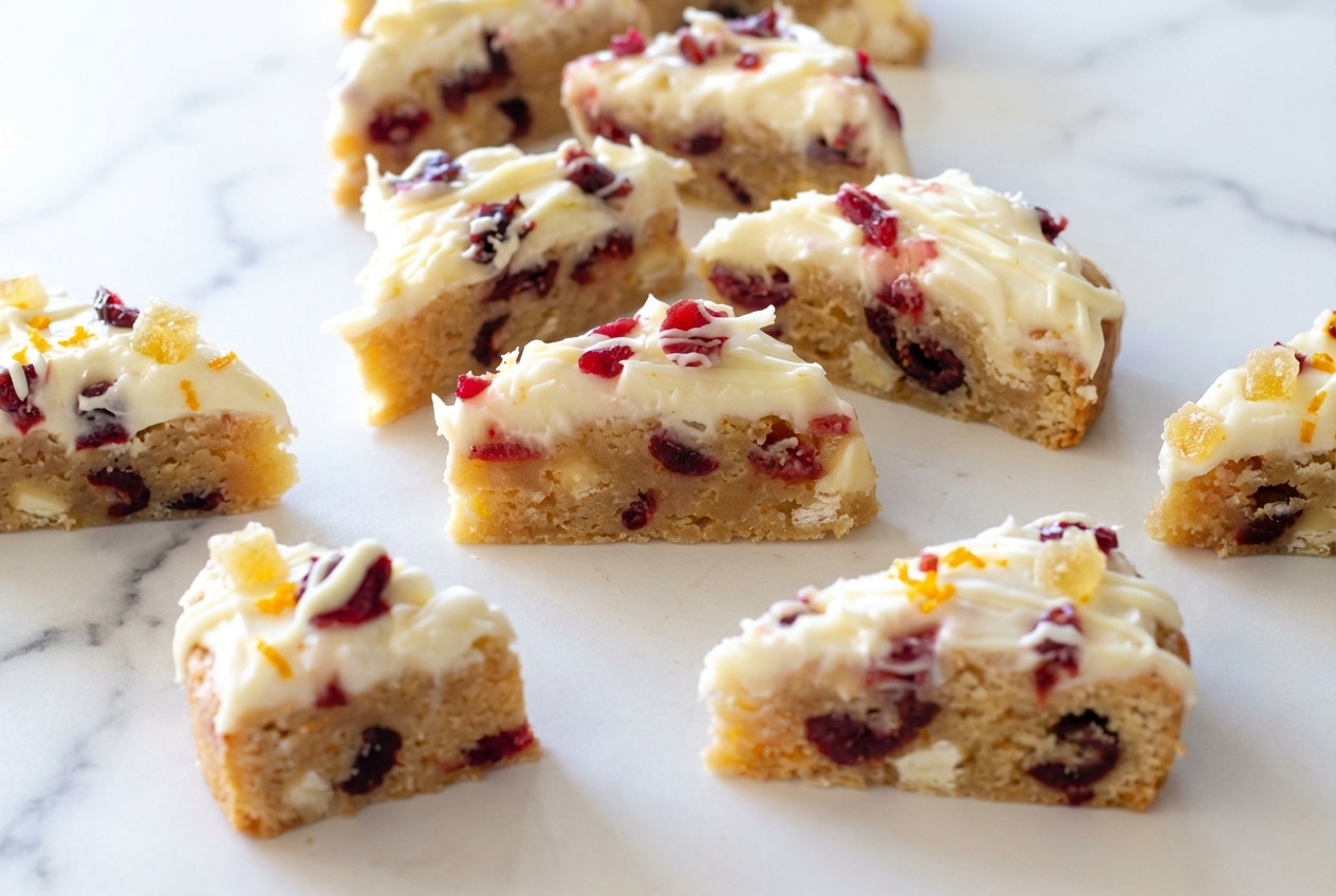 Sliced cranberry bliss bars recipe with browned butter blondie base, cream cheese frosting, and crystallized ginger pieces.