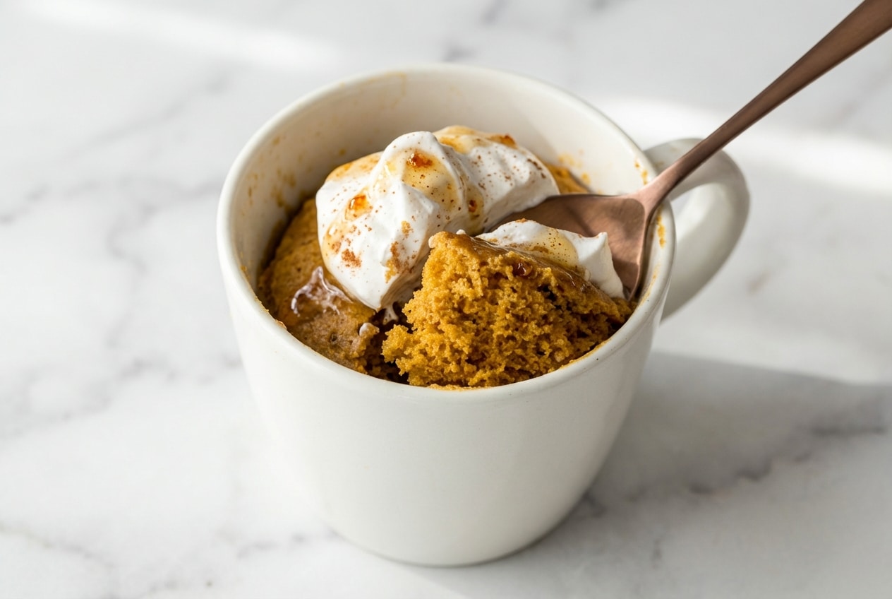 Moist pumpkin mug cake topped with whipped cream, infused with nutty browned butter in a microwave-safe mug.