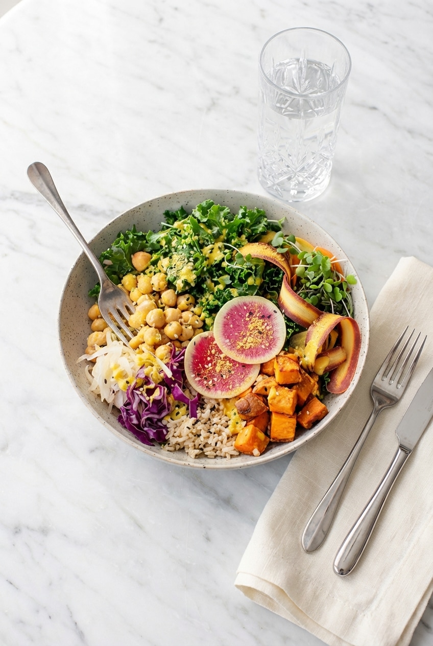 Buddha bowl portions packed into glass meal prep containers for easy, healthy weekday lunches.
