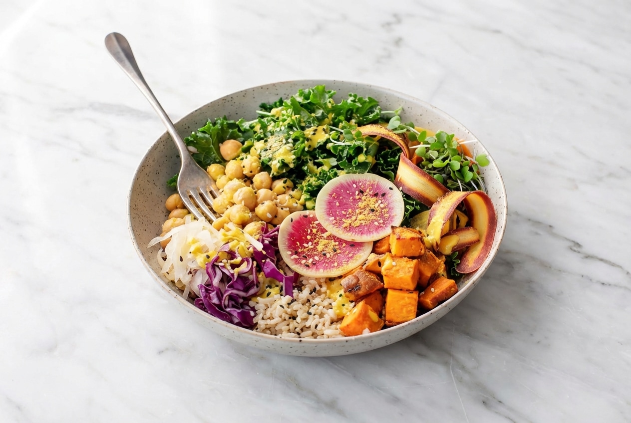 Vibrant Buddha bowl topped with savory miso-nutritional yeast dusting and fresh plant-based protein.