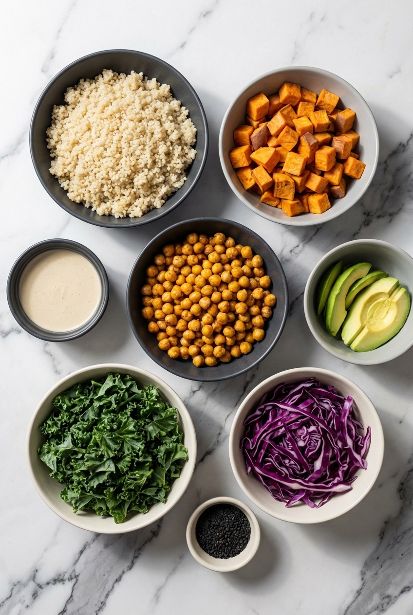 Raw ingredients for a Buddha bowl including nutritional yeast, fermented foods, and fresh produce from above.