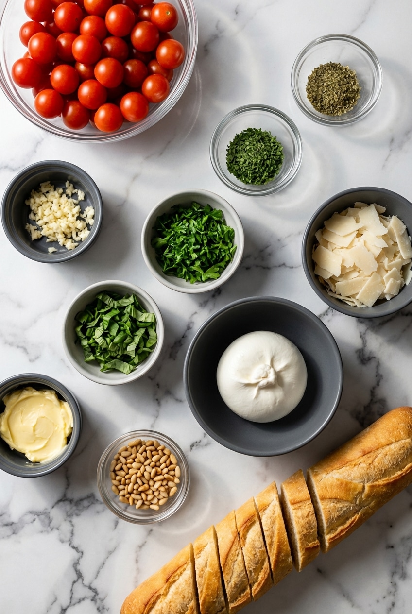 Flat lay of cherry tomatoes, fresh basil, and extra virgin olive oil for a burrata appetizer.