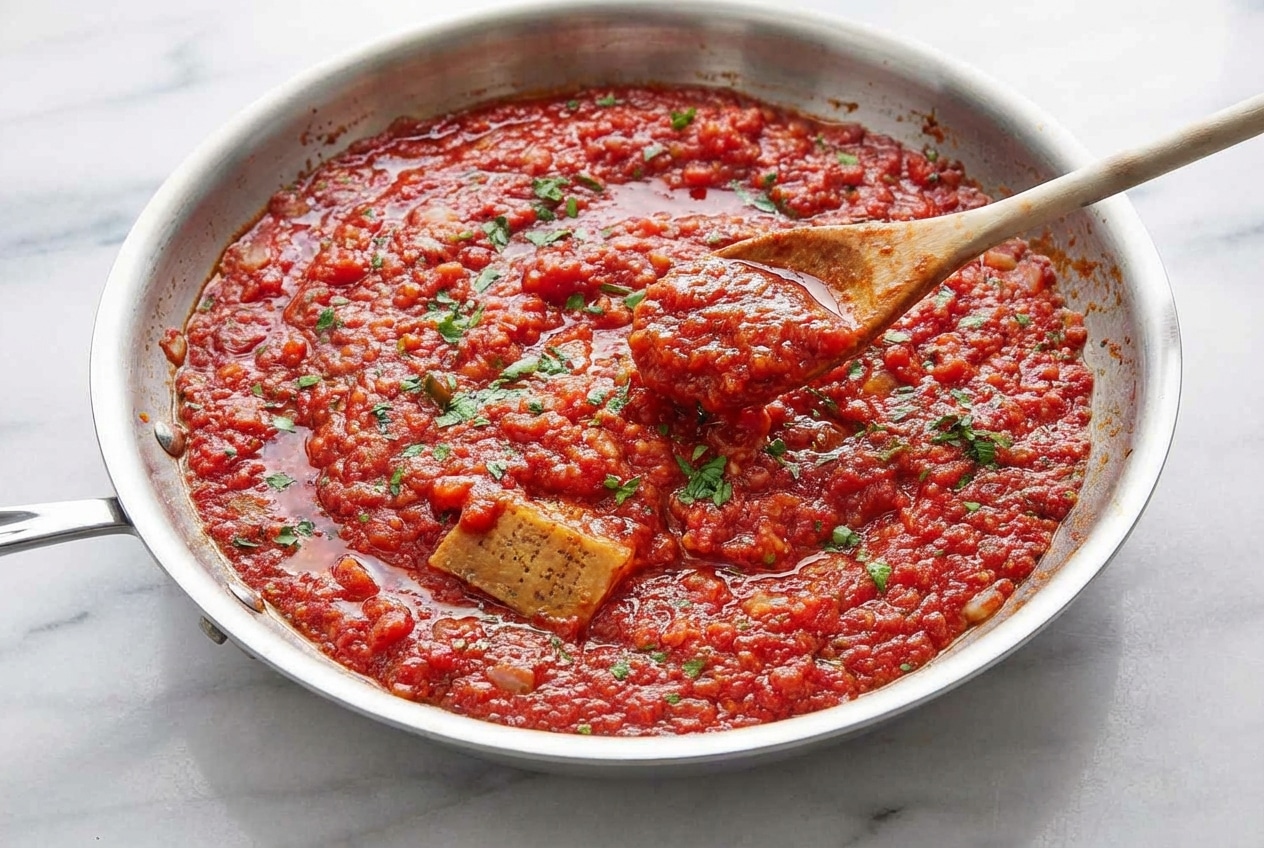 Glossy marinara sauce finished with a silky butter emulsification and a savory Parmesan rind infusion.