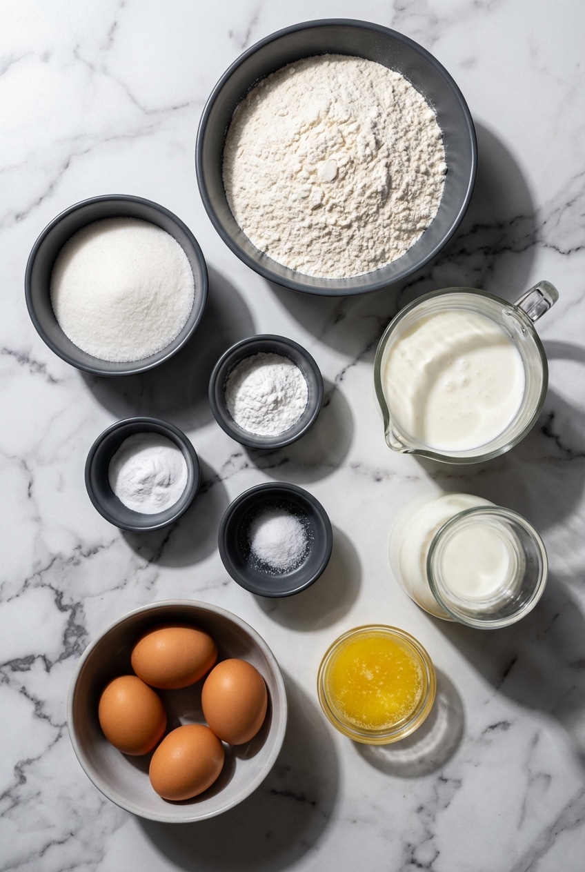 Flat lay of buttermilk pancakes ingredients including flour, leavening agents, buttermilk, and toasted browned butter.