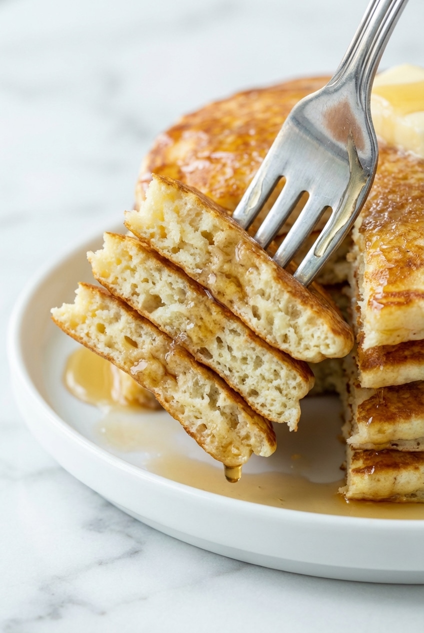 Close-up of thick buttermilk pancakes showing the airy crumb and gluten development from the cold-start method.