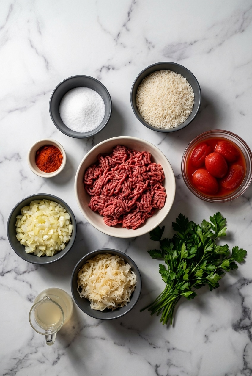 Flat lay of cabbage roll soup ingredients including ground beef, green cabbage, sauerkraut, and sweet paprika.