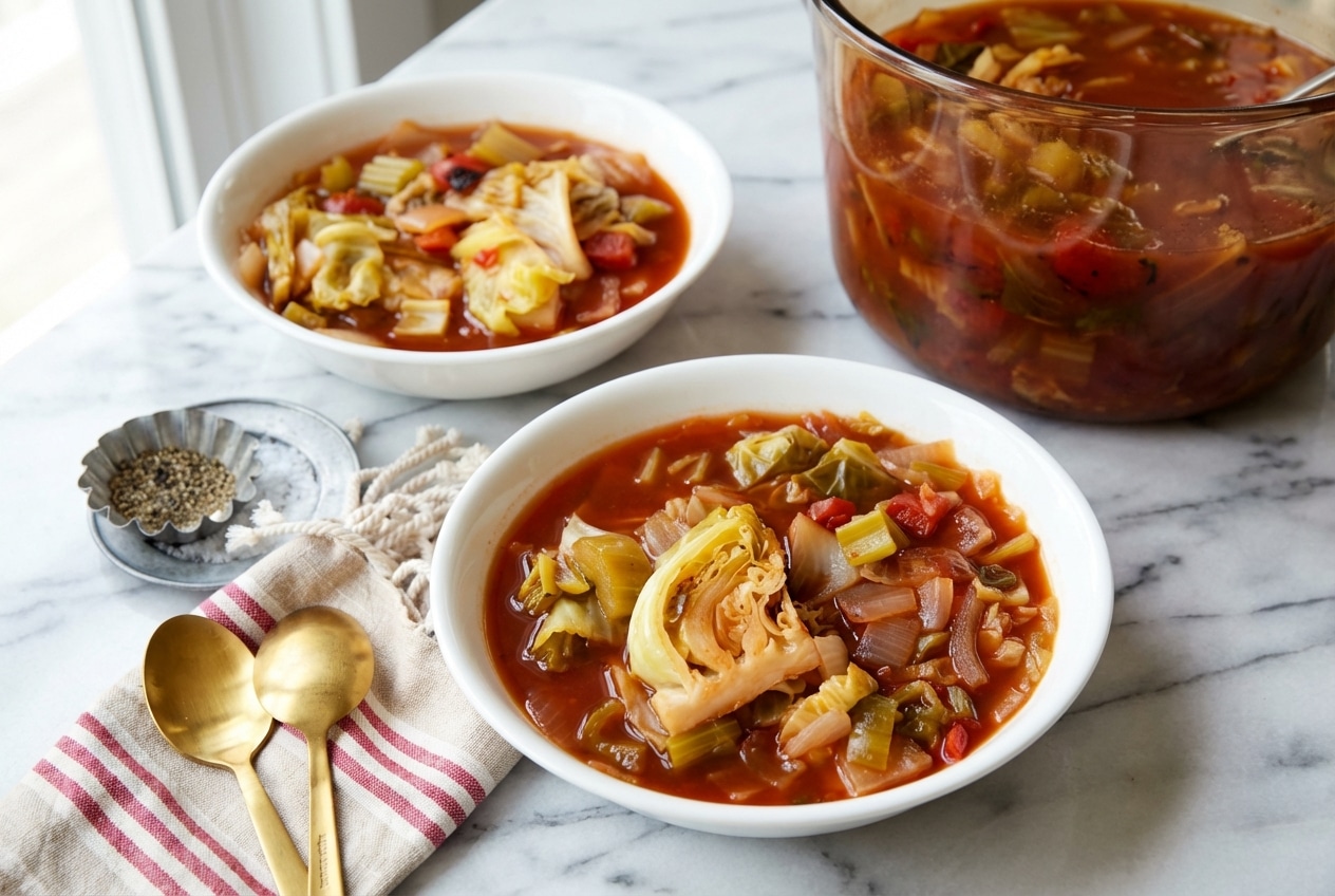 A bowl of this cabbage soup diet recipe featuring oven-roasted aromatics, fire-roasted tomatoes, and tender chopped cabbage.