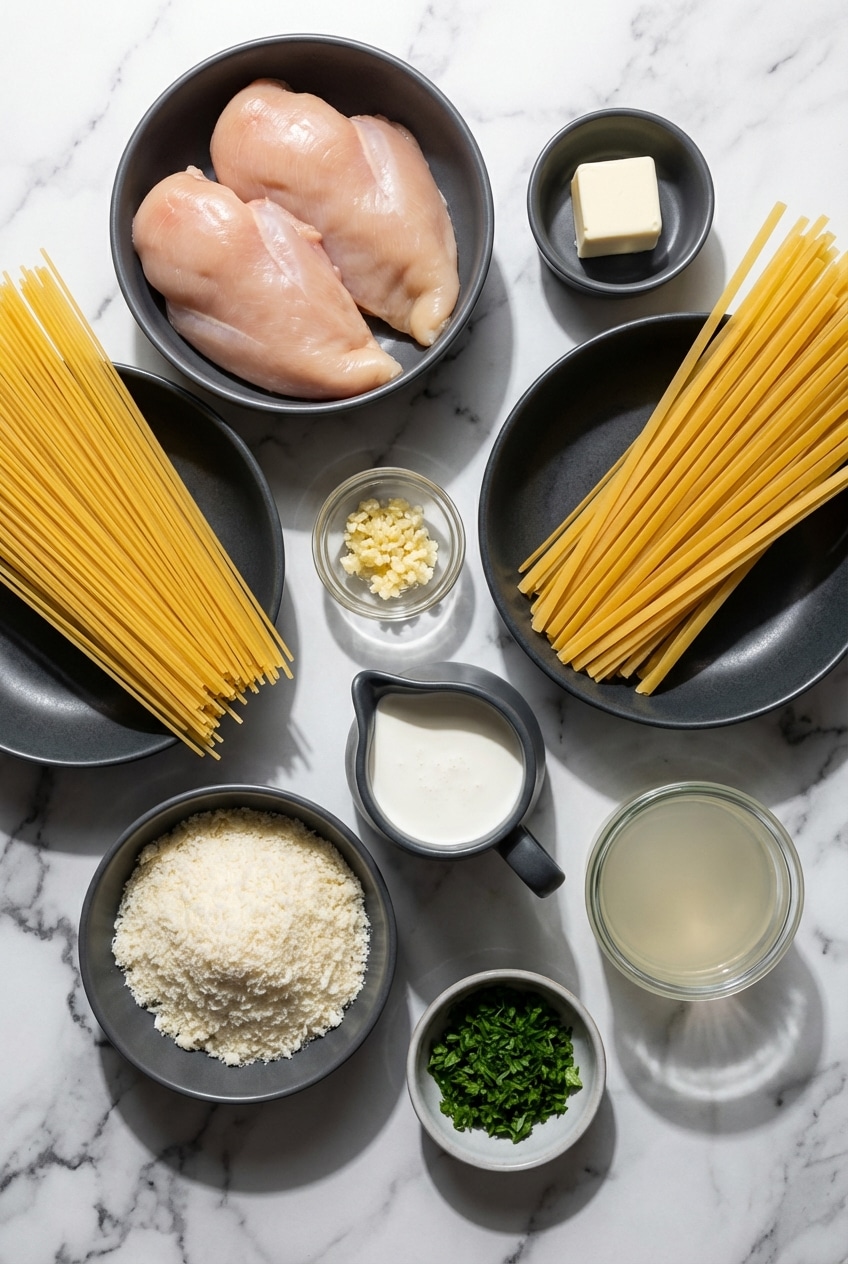 Raw ingredients for cajun chicken alfredo pasta featuring fettuccine, heavy cream, Cajun seasoning, and fresh vegetables.