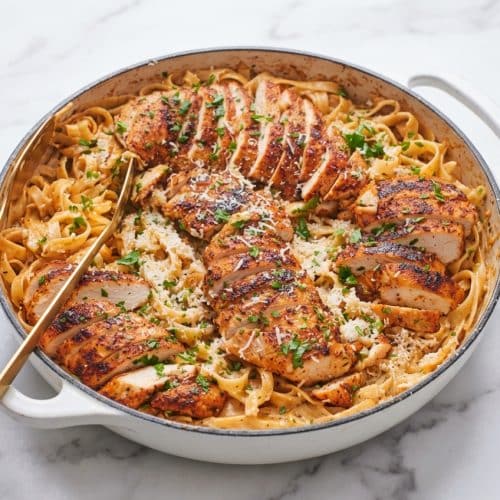Creamy cajun chicken alfredo pasta topped with blackened chicken and sautéed onion, celery, and green bell pepper.