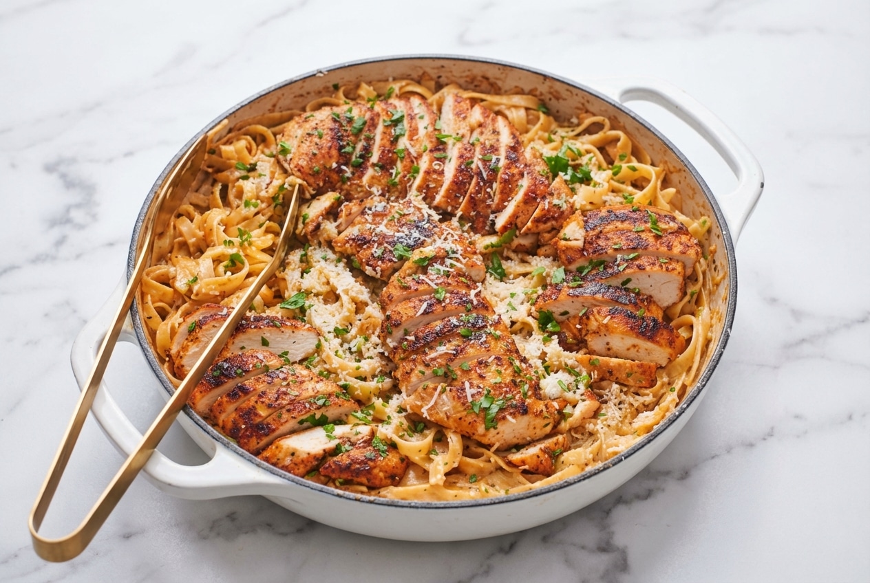 Creamy cajun chicken alfredo pasta topped with blackened chicken and sautéed onion, celery, and green bell pepper.