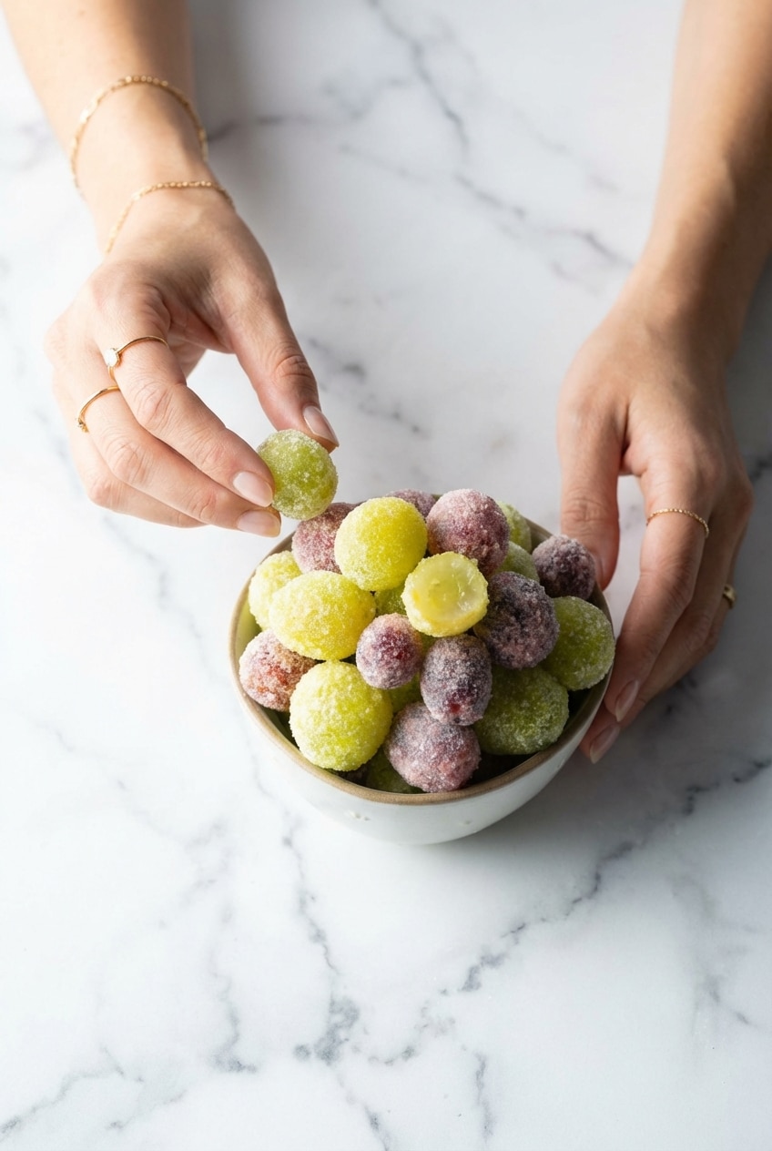A bowl of finished candied grapes recipe served frozen as a healthy gluten-free dessert option.