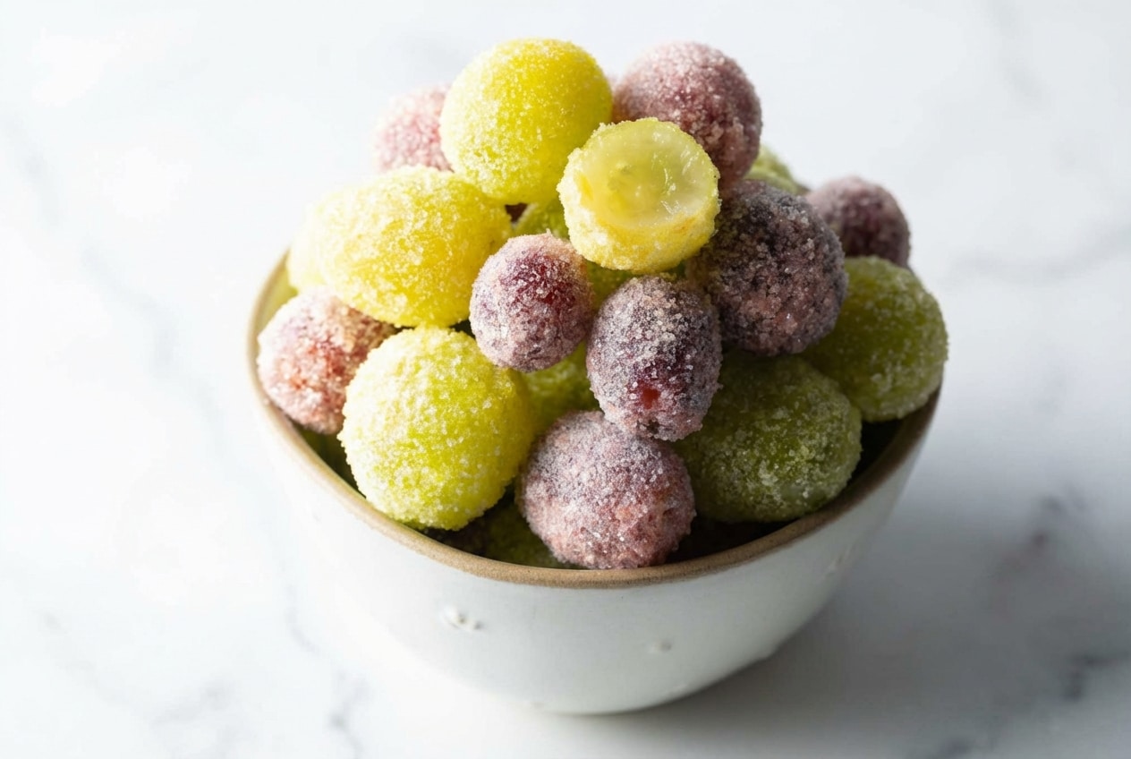 Frozen candied grapes recipe featuring green seedless grapes coated in Jell-O powder and citric acid for a sour patch twist.