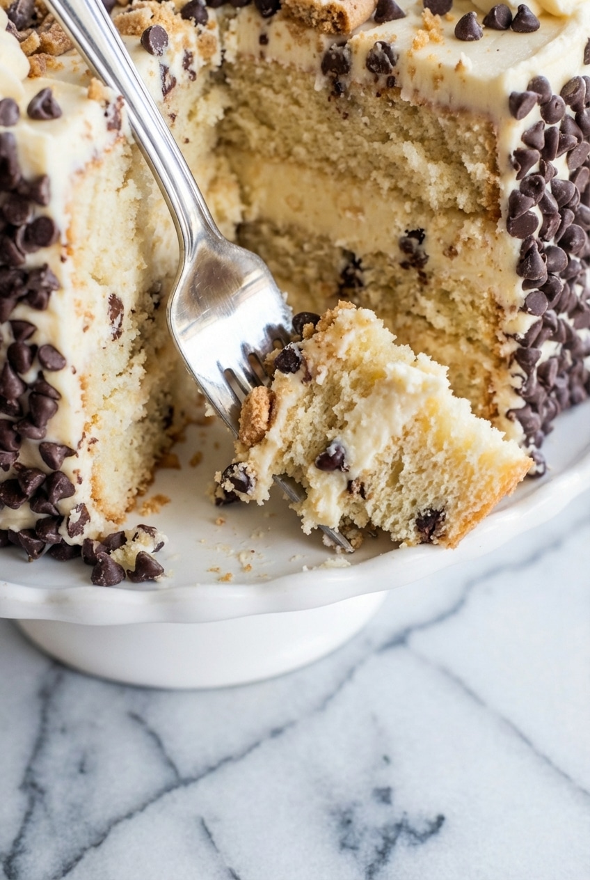 Close up detail of cannoli cake sides garnished with crushed pistachios and mini chocolate chips