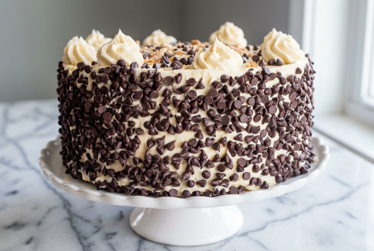 Layered cannoli cake with stabilized mascarpone-ricotta filling and mini chocolate chips on a ceramic cake stand