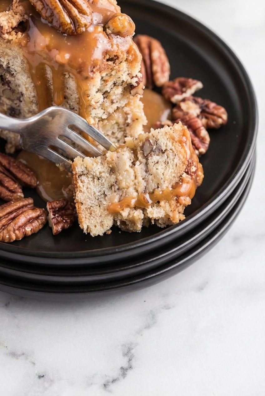 A perfectly baked caramel banana pecan cake resting in a springform pan, showcasing a golden crumb topping.