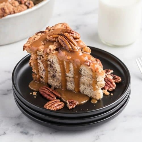 A sliced caramel banana pecan cake on a plate, featuring a moist crumb and browned butter batter with toasted pecans.