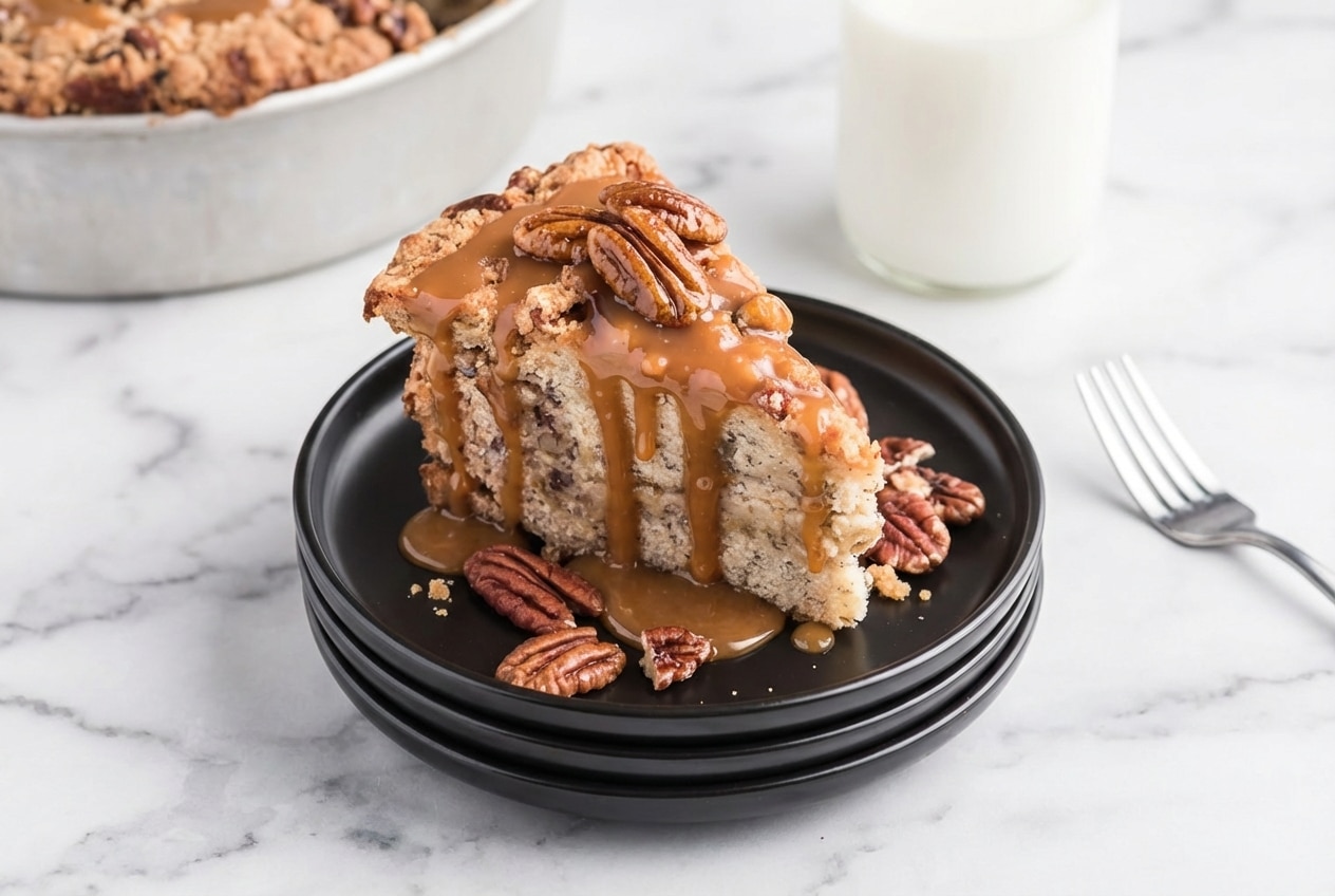 A sliced caramel banana pecan cake on a plate, featuring a moist crumb and browned butter batter with toasted pecans.