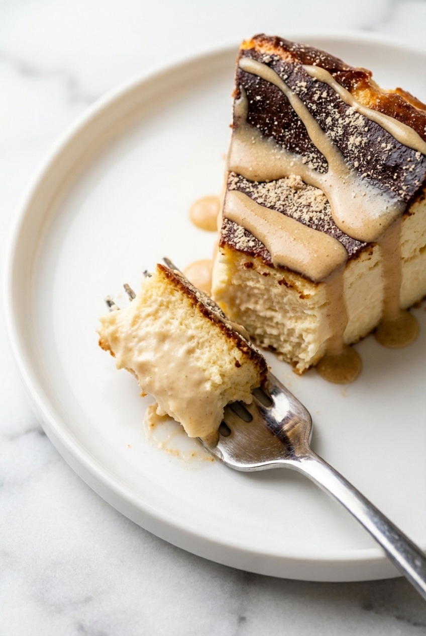 Close-up of the deeply browned caramelized crust on a Basque Cheesecake highlighting the Maillard reaction.