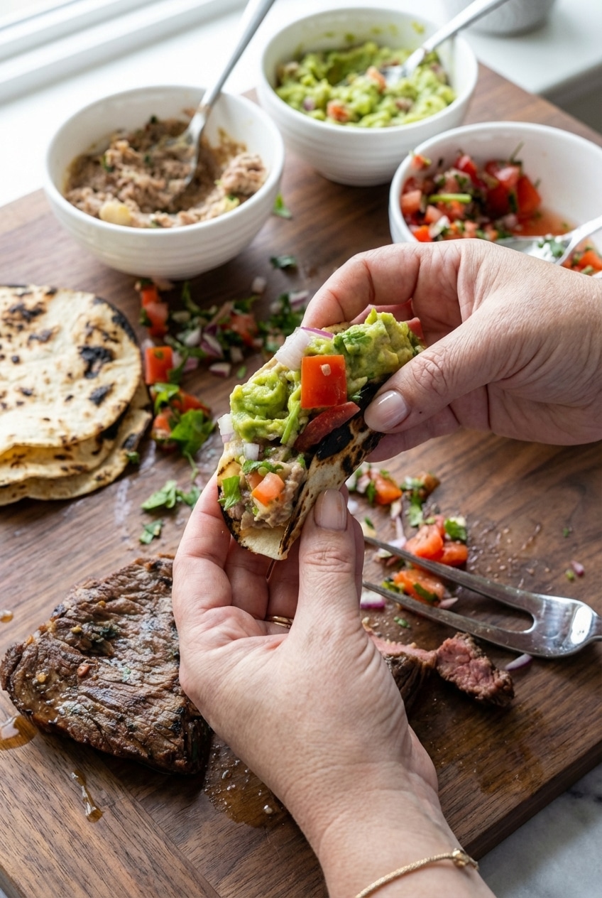 Three Carne Asada Tacos arranged on a rustic wooden board with lime wedges and salsa ready for dinner