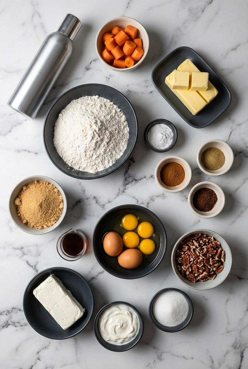 Carrot cake bars ingredients featuring carrot puree, pecans, and warm spices laid out on parchment paper.