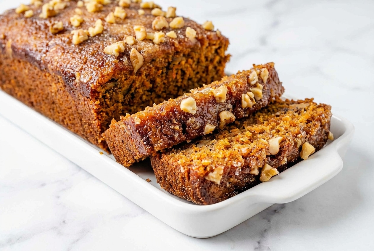 Slices of carrot cake loaf featuring a crackly brown butter sugar crust and thick cream cheese frosting.