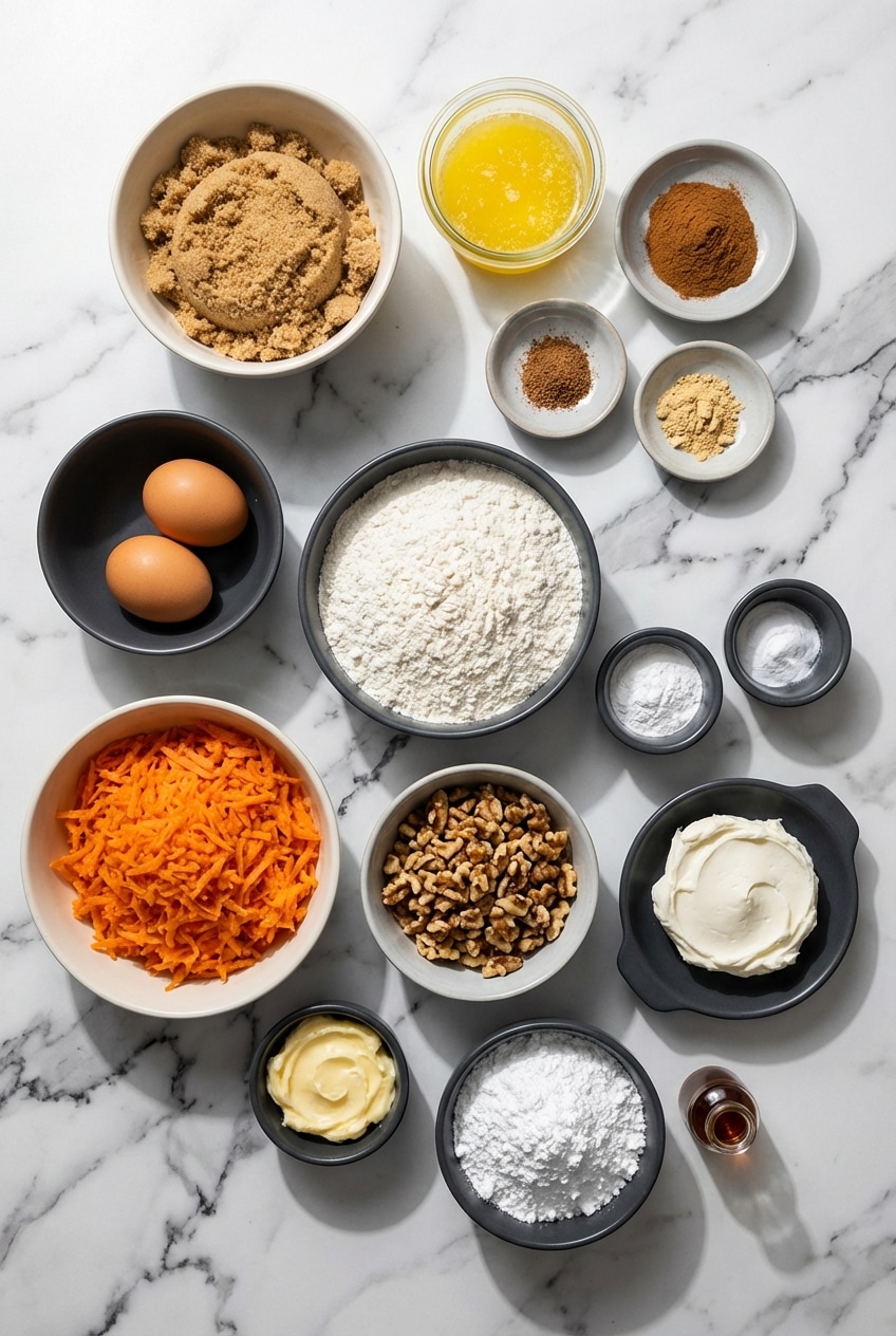 Flat lay of carrot cake loaf ingredients including all-purpose flour, vegetable oil, and carrots for the box grater.