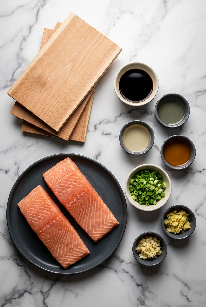 Wild caught salmon fillets, bourbon, and food-grade western red cedar planks for making cedar plank salmon.