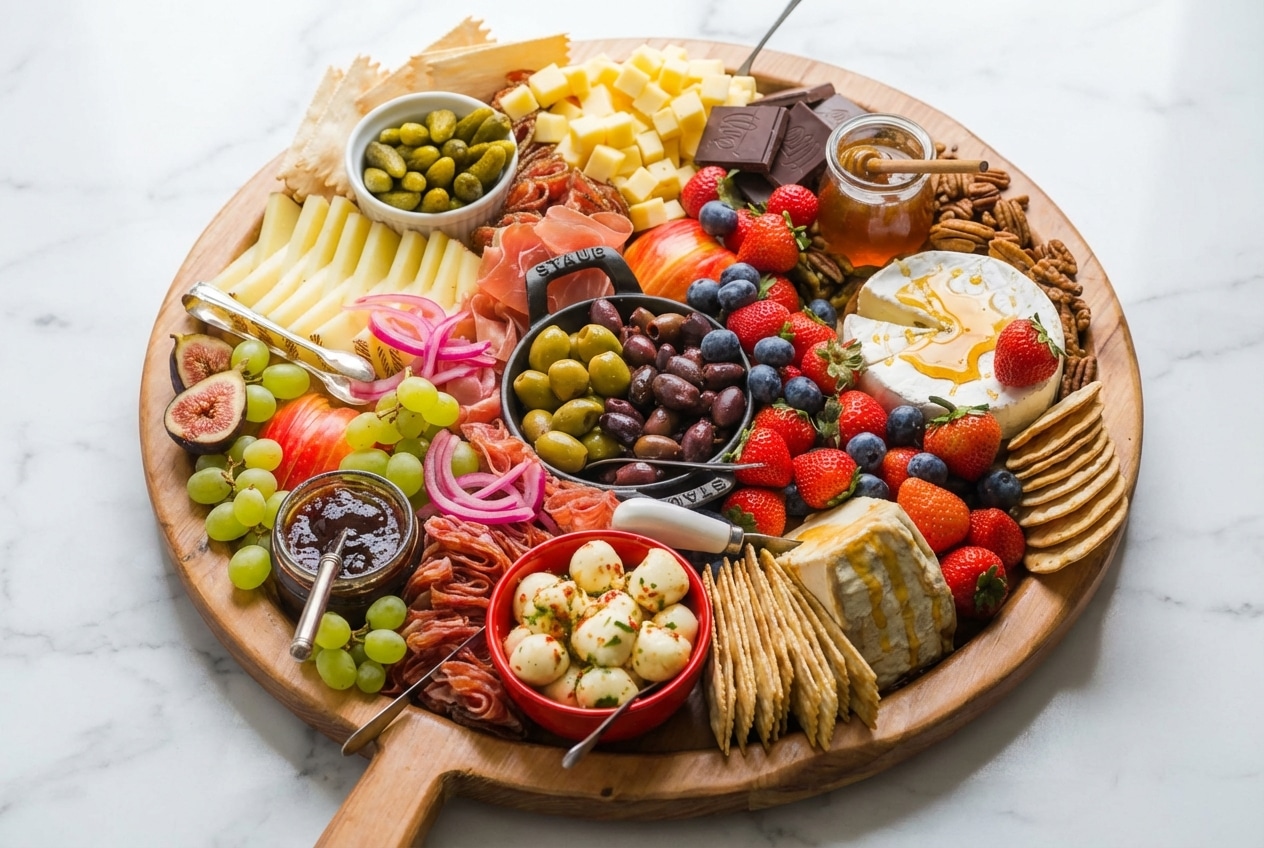 Gourmet charcuterie board featuring cured meats, artisan cheeses, quick-pickled red onions, and a hot honey infusion.